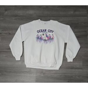 Vtg 90s Jerzees Super Sweats Ocean City Crewneck Sweatshirt XL White USA Made‎